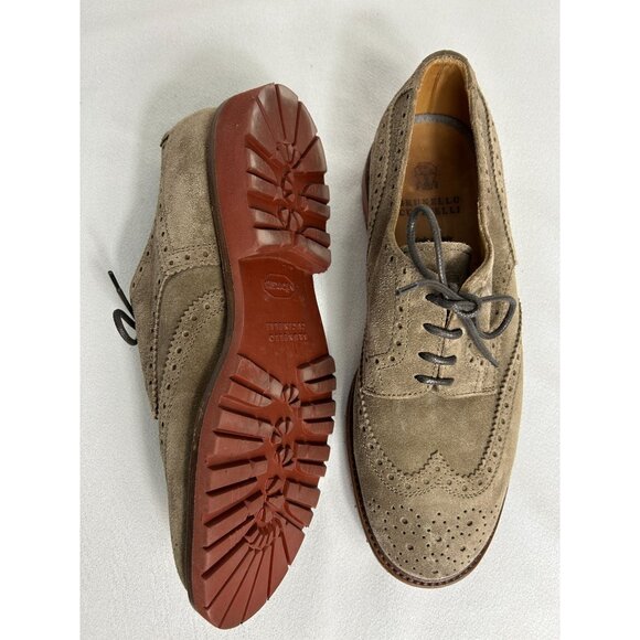 Brunello Cucinelli Italy Suede Lug Sole Brogue Wingtip Beige Brown - Sz 10.5 - Picture 1 of 10